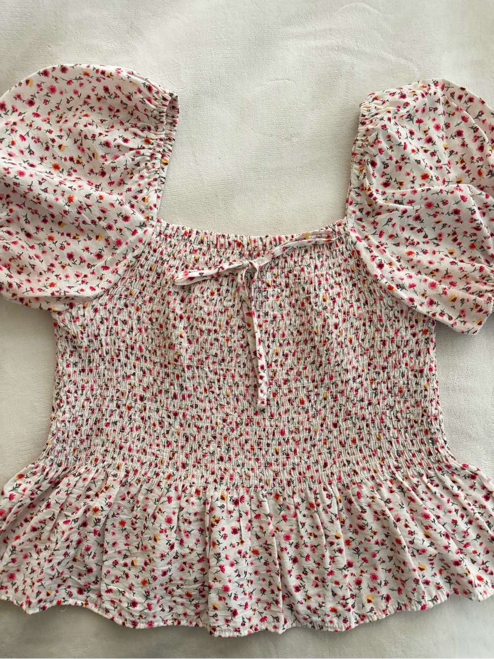 Smocked Square-Neck Floral Peplum Blouse in Cream and Pink
